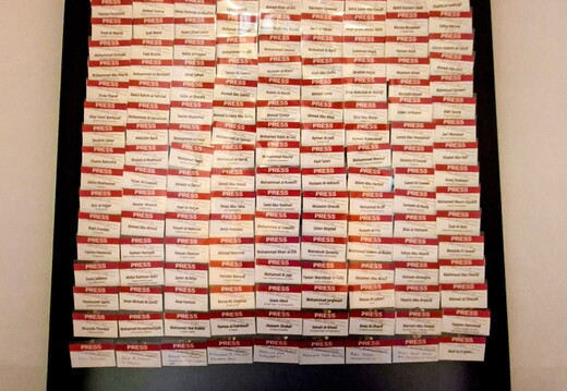 Memorial press name-tags at ICJ